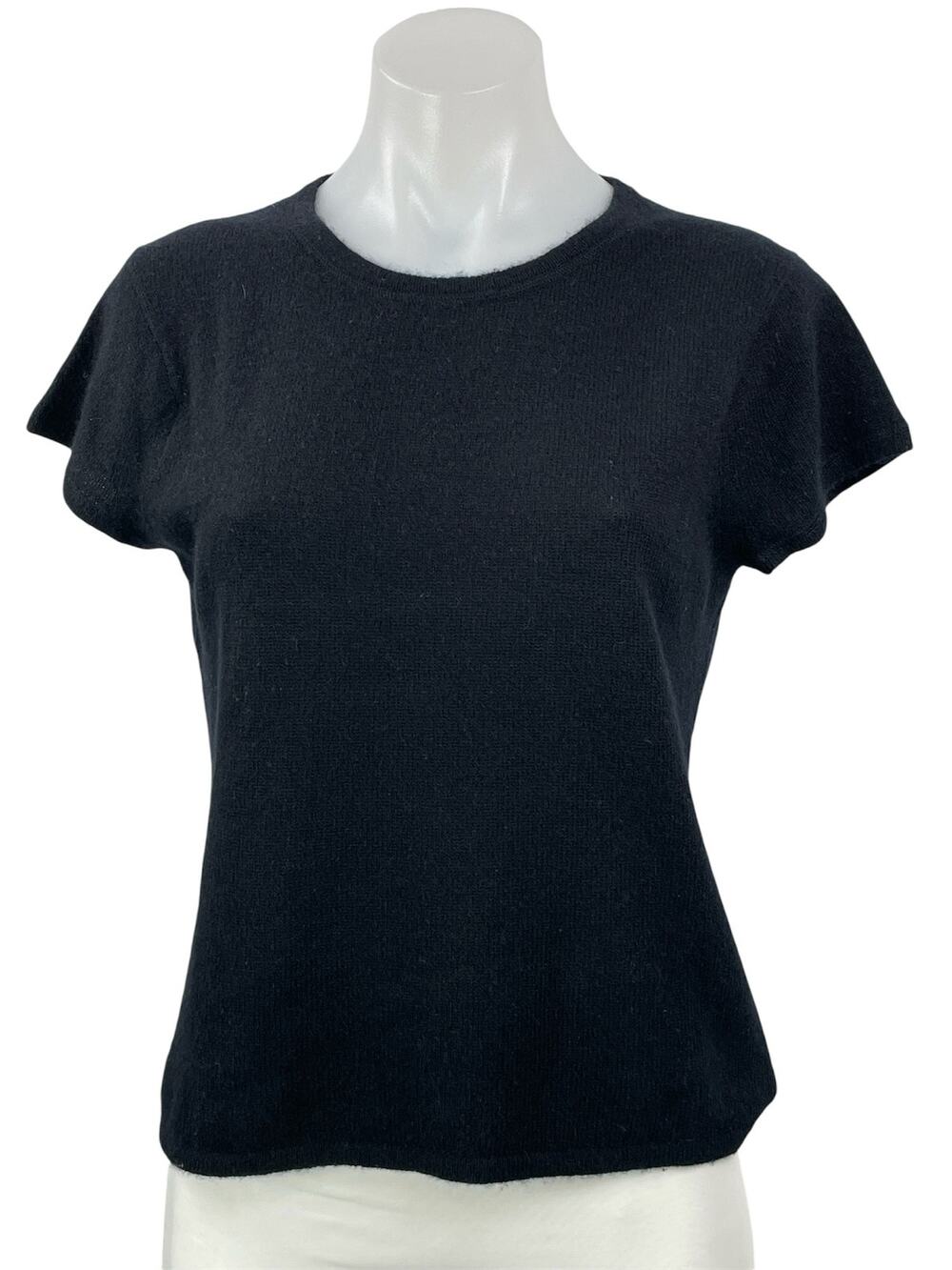 Qi 100% Cashmere Women's Black Short Sleeves Crewneck Basic Tee T-shirt Top Sz M